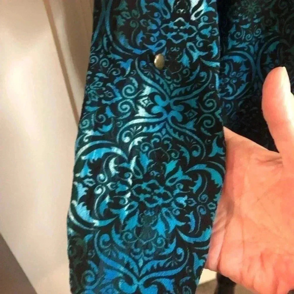 Valerie Stevens Womens Large Turquoise Blue and Black Blouse zip front - Picture 5 of 7
